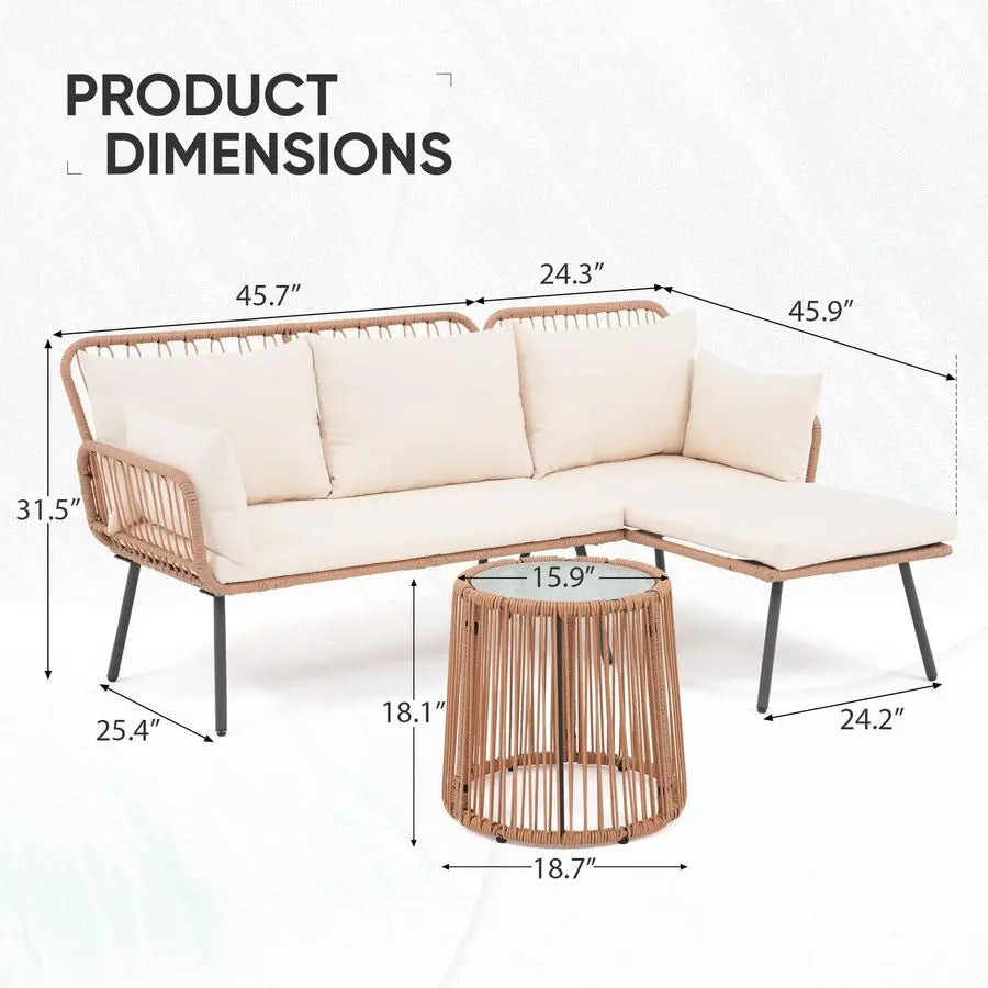 Outdoor Patio Furniture Set, 3 Piece Wicker Rattan Outdoor Balcony Furniture Set, LShaped Patio Conversation Sofa Set with Cush