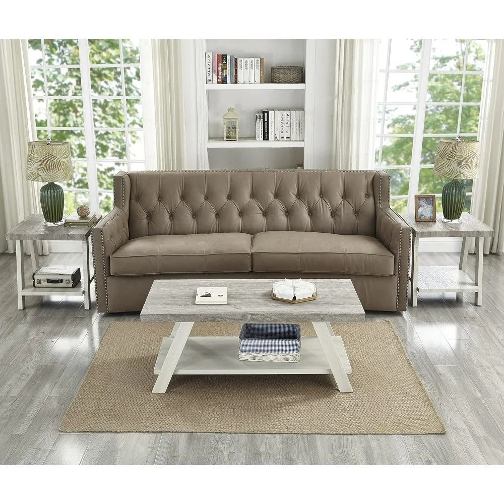 Contemporary 3-Piece Weathered Gray and Beige Wood Shelf Coffee Table Set