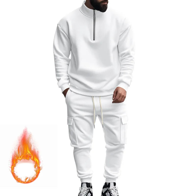 Men's Autumn/Winter Casual Semi-Zipped Pullover Loose Fleece Warm Sweatshirt And Sweatpants Available in 1/2 piece