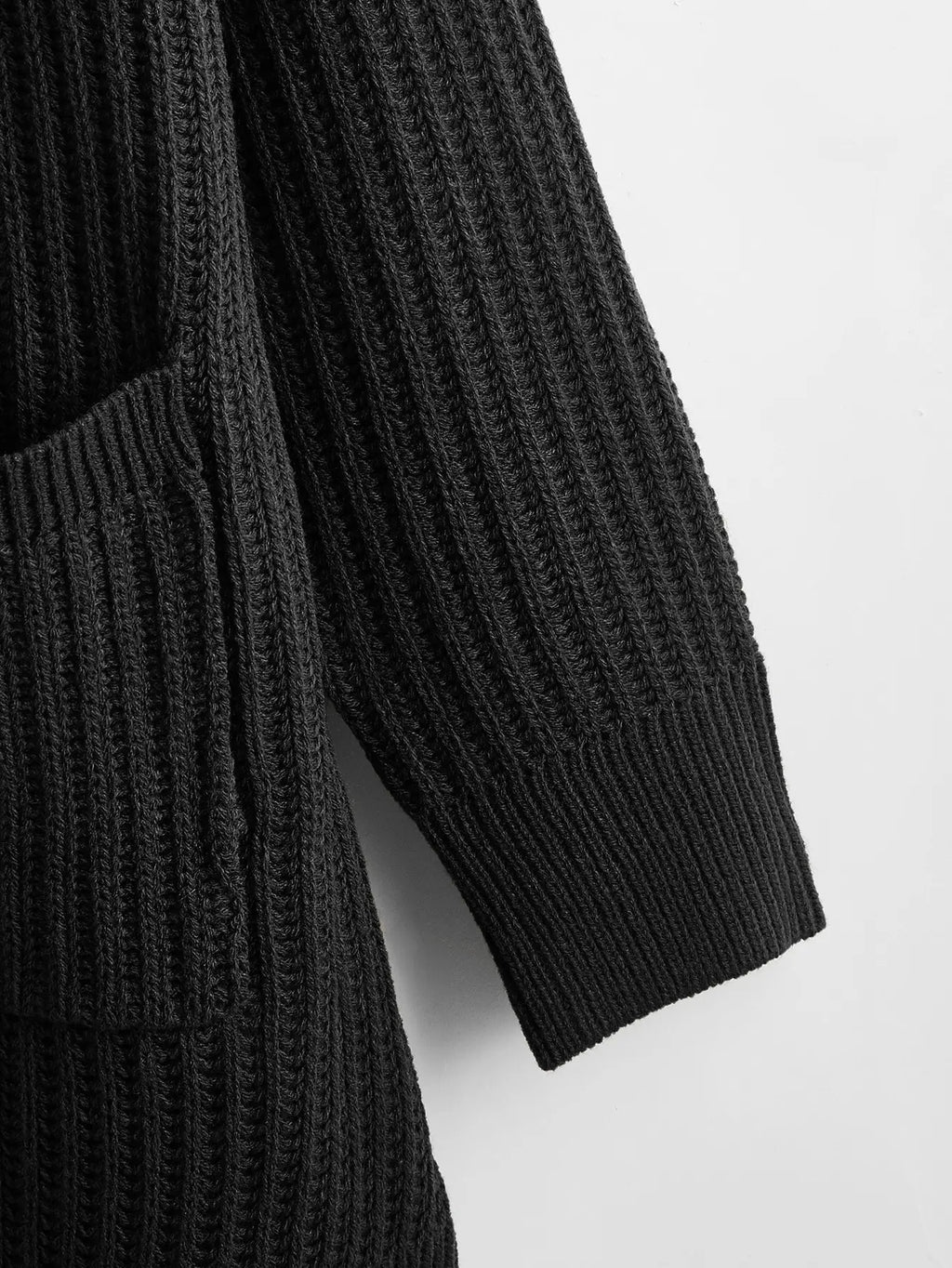Women's Loose Casual Rib Knit Long Sleeve Cardigan With Pockets, Black, Versatile Everyday Wear,