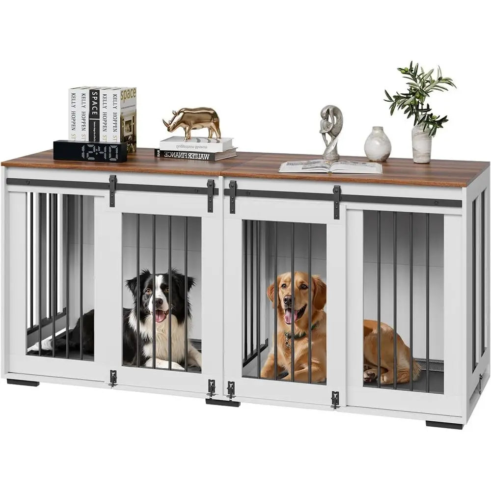 Double Dog Crate Furniture with Sliding Doors, Large TV Stand for Small to Large Dogs, White