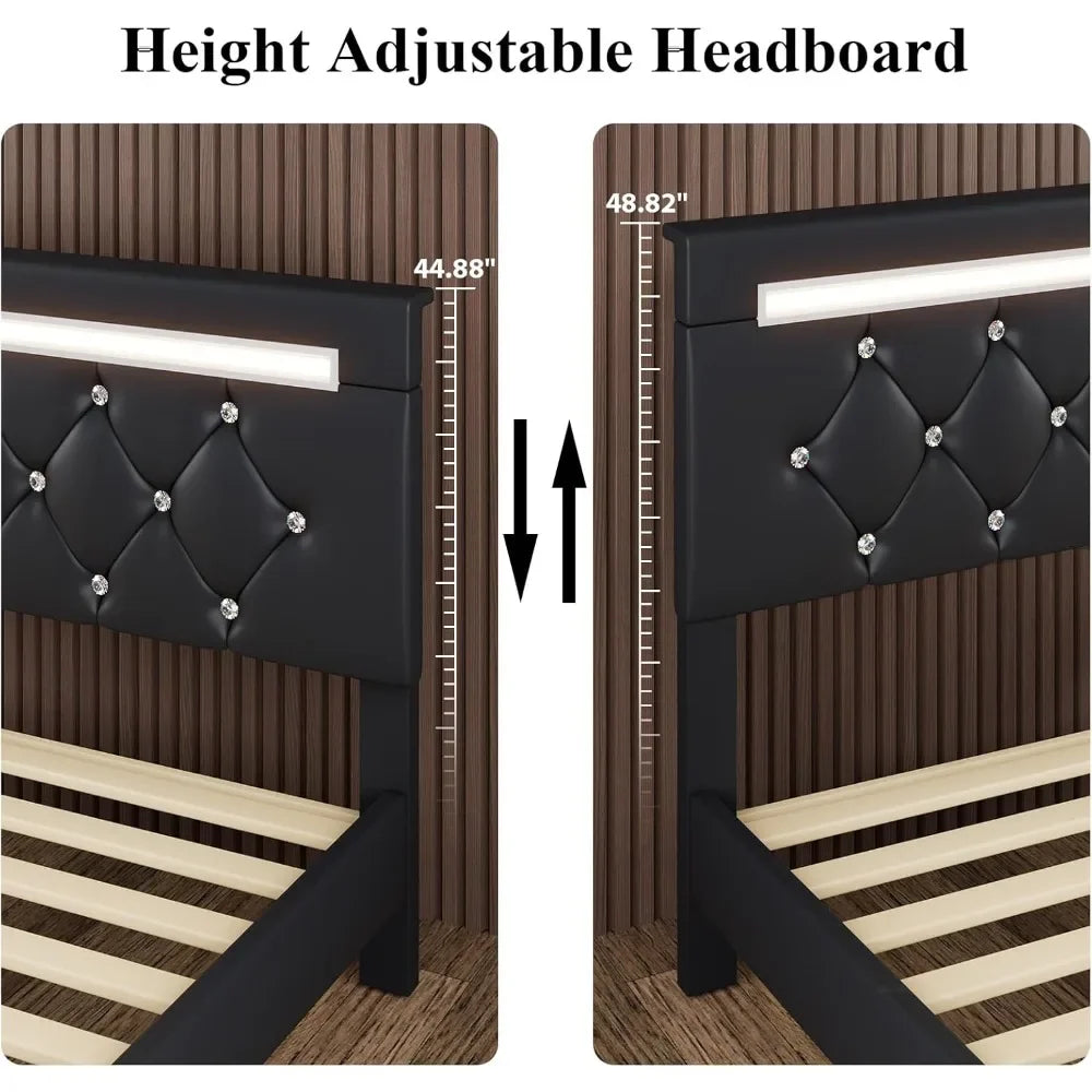 Faux Leather Platform Bed Frame with LED Light And Charging Station Handcrafted Crystal Button Adjustable Headboard Queen Size