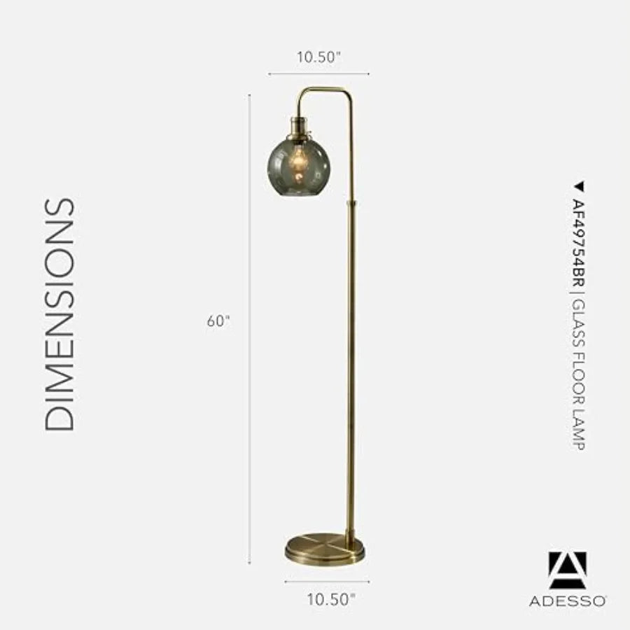 Globe Smoked Glass Floor Lamp with Antique Brass Finish 60 Tall Compact 10.5 Wide Base