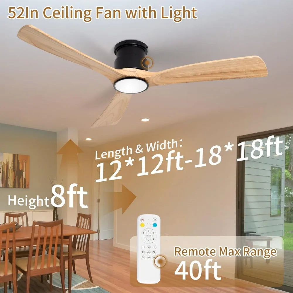 52inches Ceiling Fan with Lights,Wooden Flush Mount Ceiling Fans with Remote Control,Dimmable Light,3 CCT,6 Speeds,Noiseless,Cei
