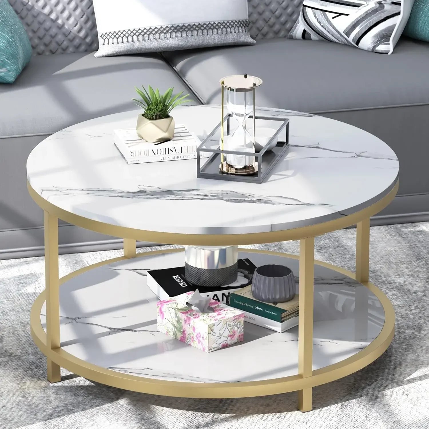 33.5"Round Coffee Table  Coffee Tables Room High Glossy Faux Marble Top Circle Table Sturdy Gold Frame Legs Cocktail Table