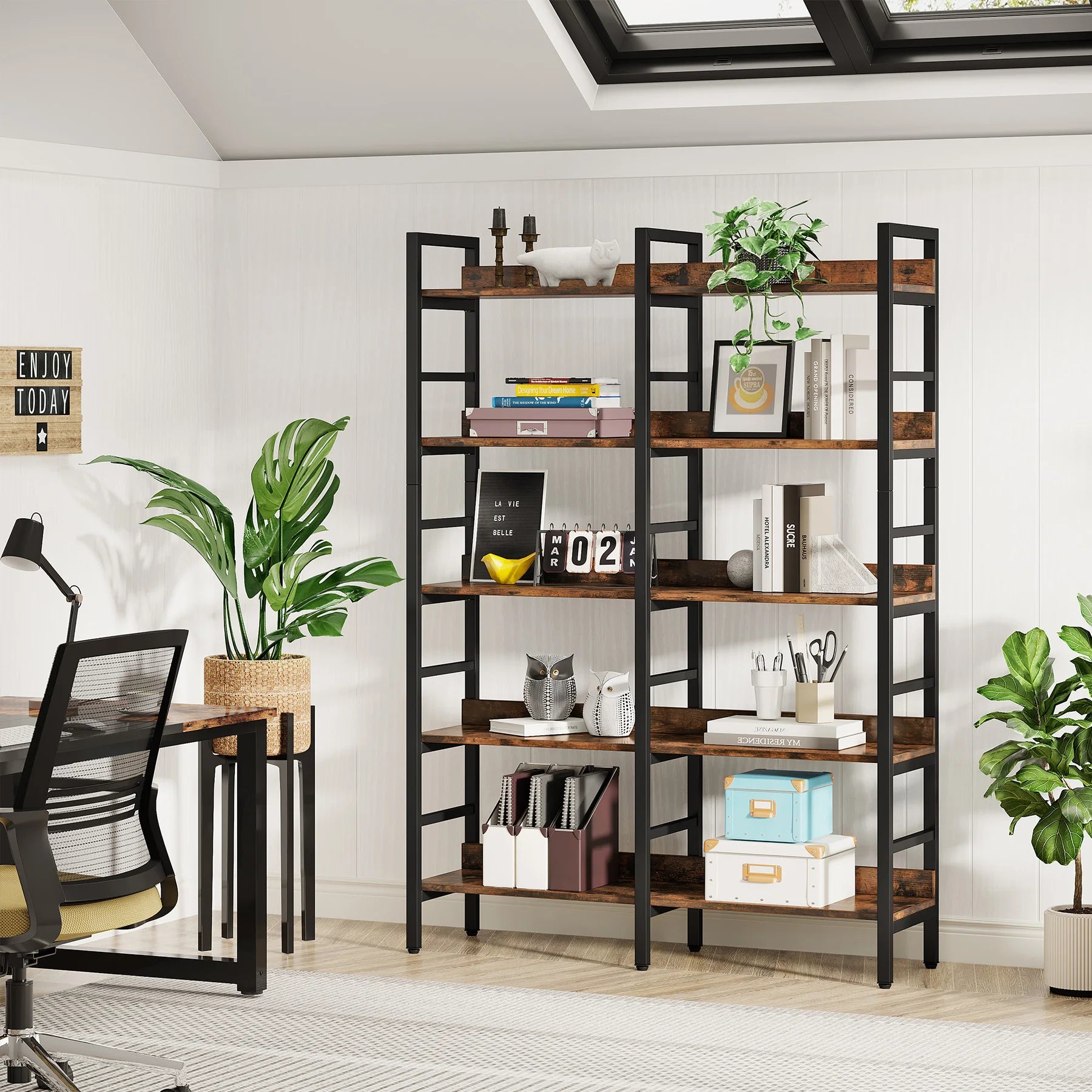 Tribesigns 5-Tier Industrial Bookshelf, 71”H x 47”W Etagere Bookcase, Freestanding Double Wide Book Shelf for Storage