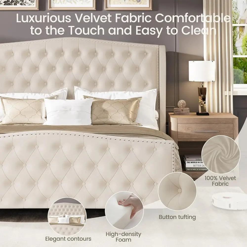 Velvet Wingback Queen Bed Frame with Deep Button Tufted Platform and Wood Slat Support, No Box Spring Needed.，Customized