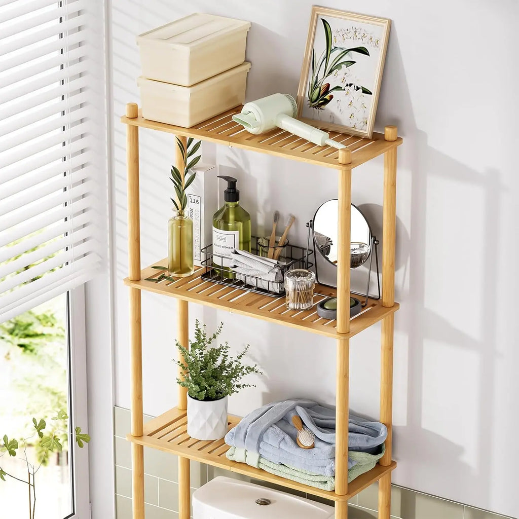 3-Tier Over Toilet Storage Shelf, Bamboo Organizer Rack for Bathroom and Laundry Space Saver, Natural Color