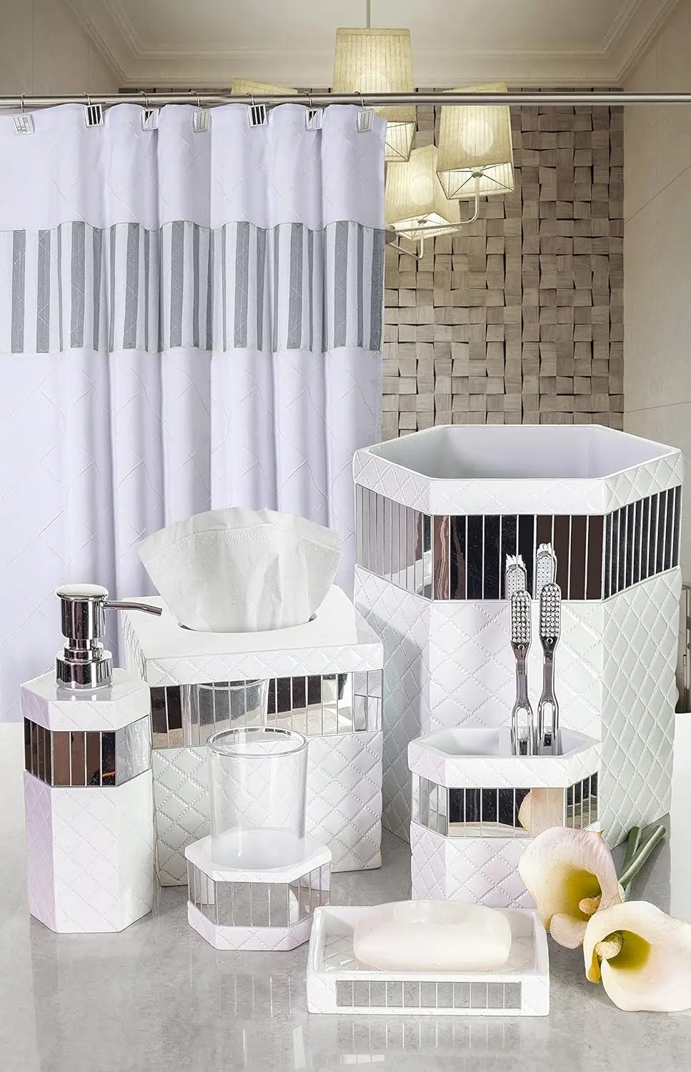 Elegant Quilted Mirror White Bathroom Set - 6-Piece Accessories with Trash Can, Tissue Box, Soap Dispenser, Holder & More