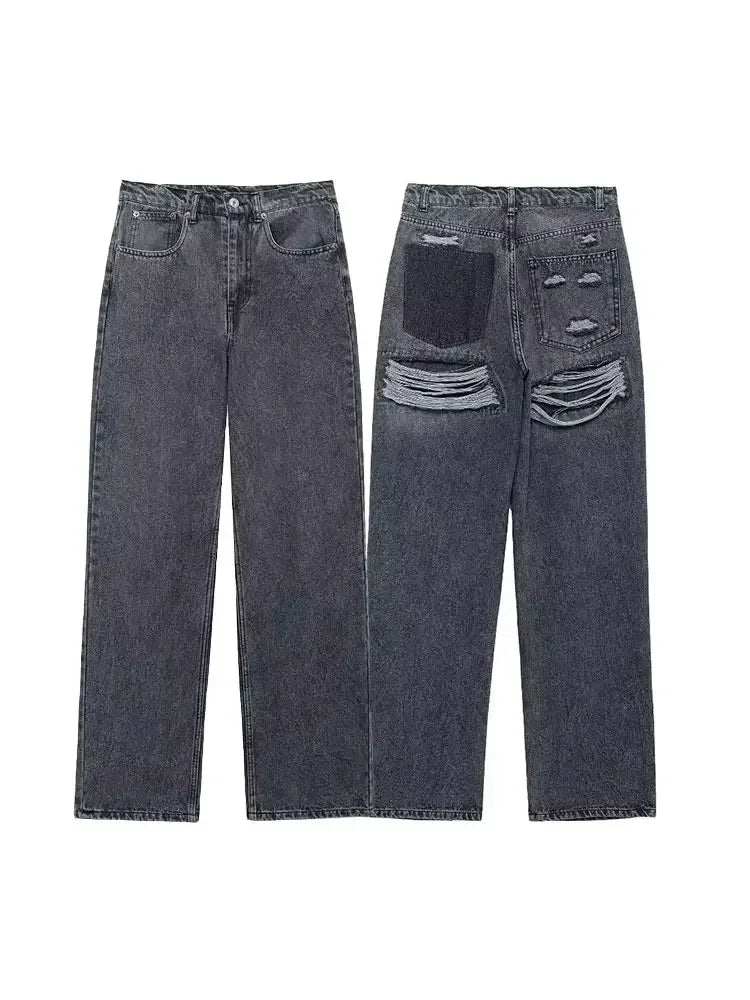 HH 2024 Vintage Denim Jeans For Women 2 Colors High Waist Zipper Fly Ripped Distressed Patchwork Causal Straight Trousers