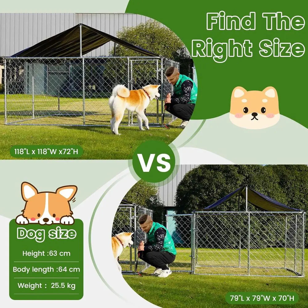 Outdoor Dog Enclosure Heavy Duty Dog Kennel House Mesh Dog Big Cage Pet Kennel Steel Fence with Secure Lock 6.56'x 6.56'