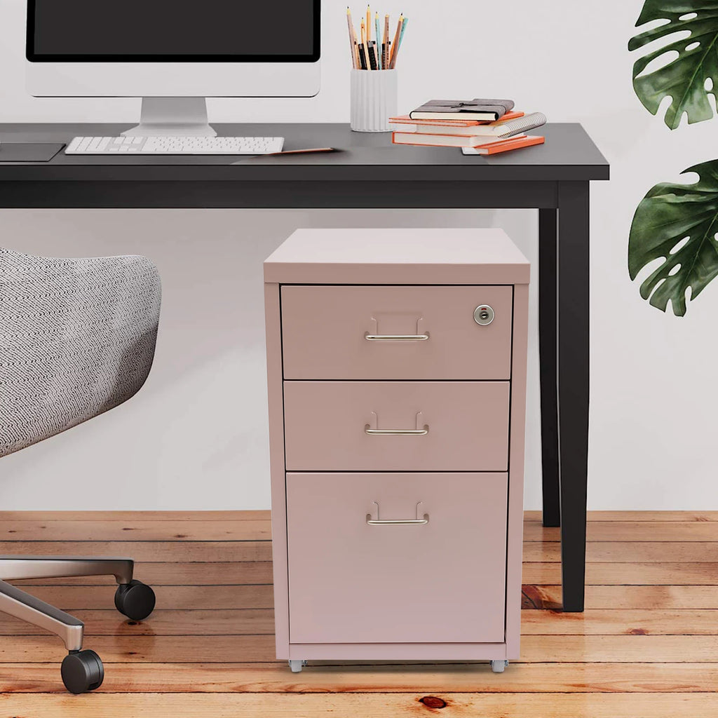 3 Tiers Rectangular Steel Vertical File Cabinet,Pink/White/Black Metal Mobile File Cabinet with Lock for Office,Study
