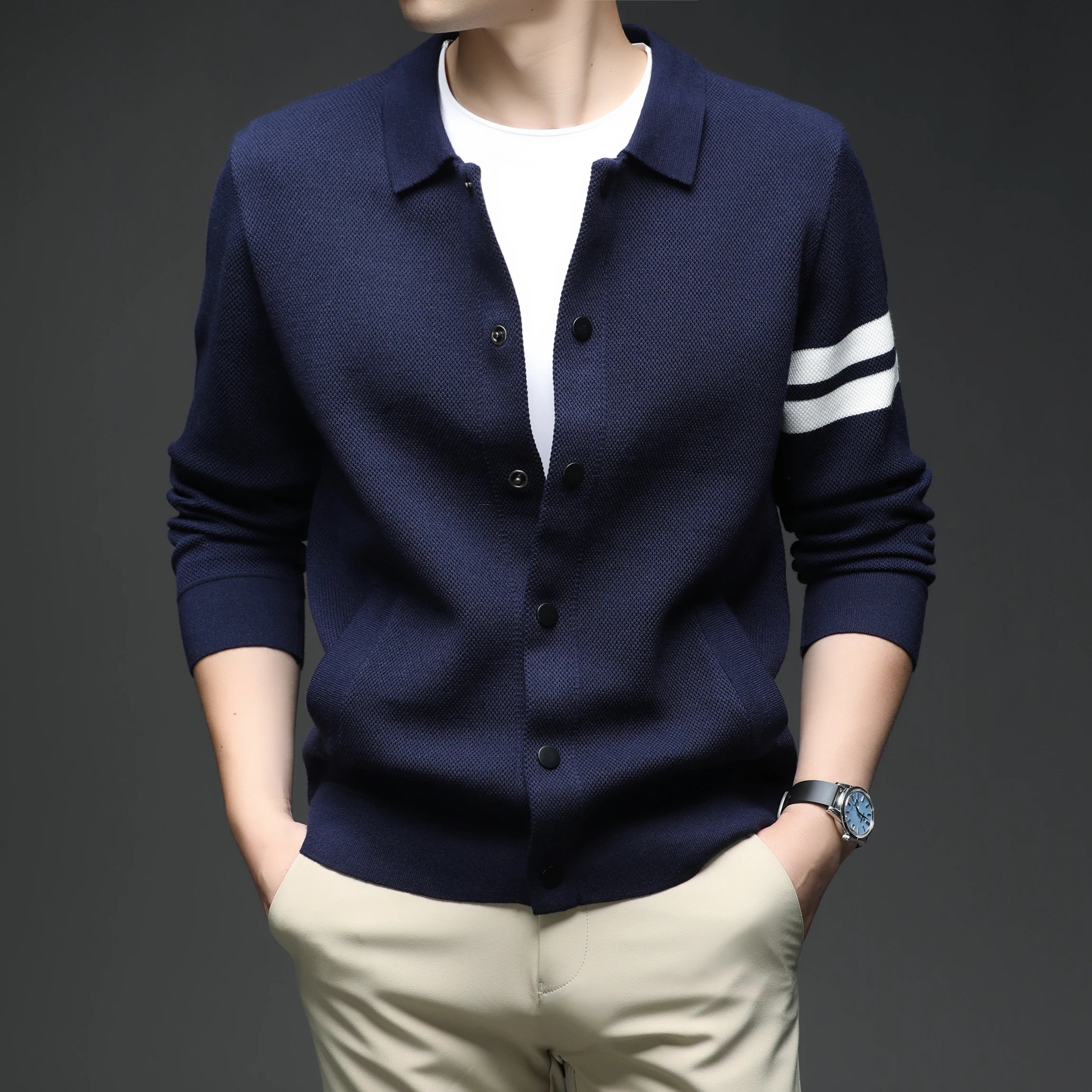 Men's knitted cardigan collar autumn and winter men's sweater fashion versatile leading sweater jacket