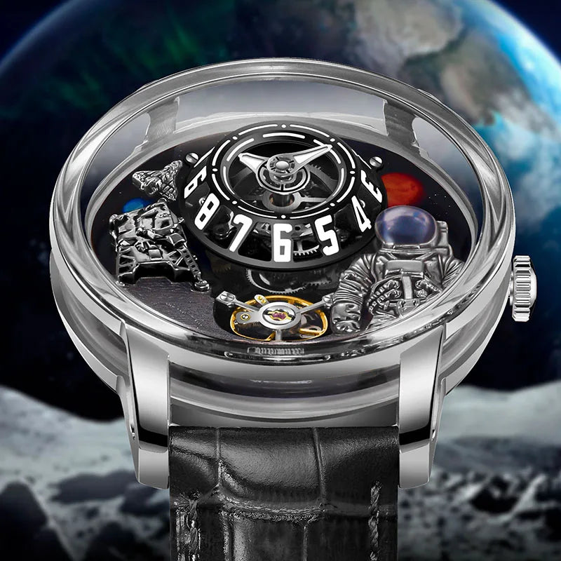 PINDU Watch Men Mechanical Watches W2101B Space Dial Astronaut Space Station Luminous Waterproof Men Watch Leather Strap P6630