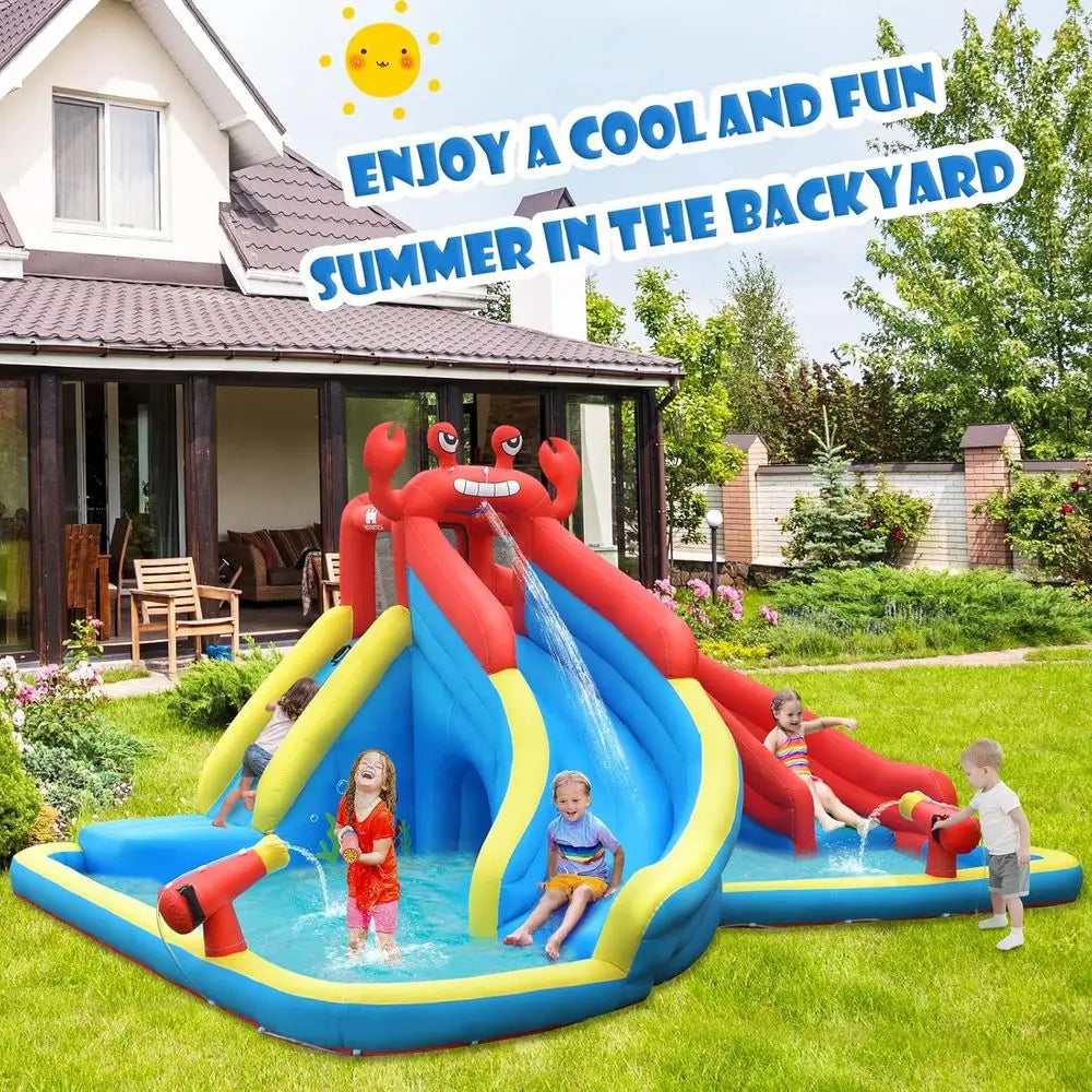 Iatable Water Slide, Crab Theme Kids Waterslide Park Outdoor with Dual Slides for Racing Fun/Climbing/Hide&Seek Cave, Blower, Bl