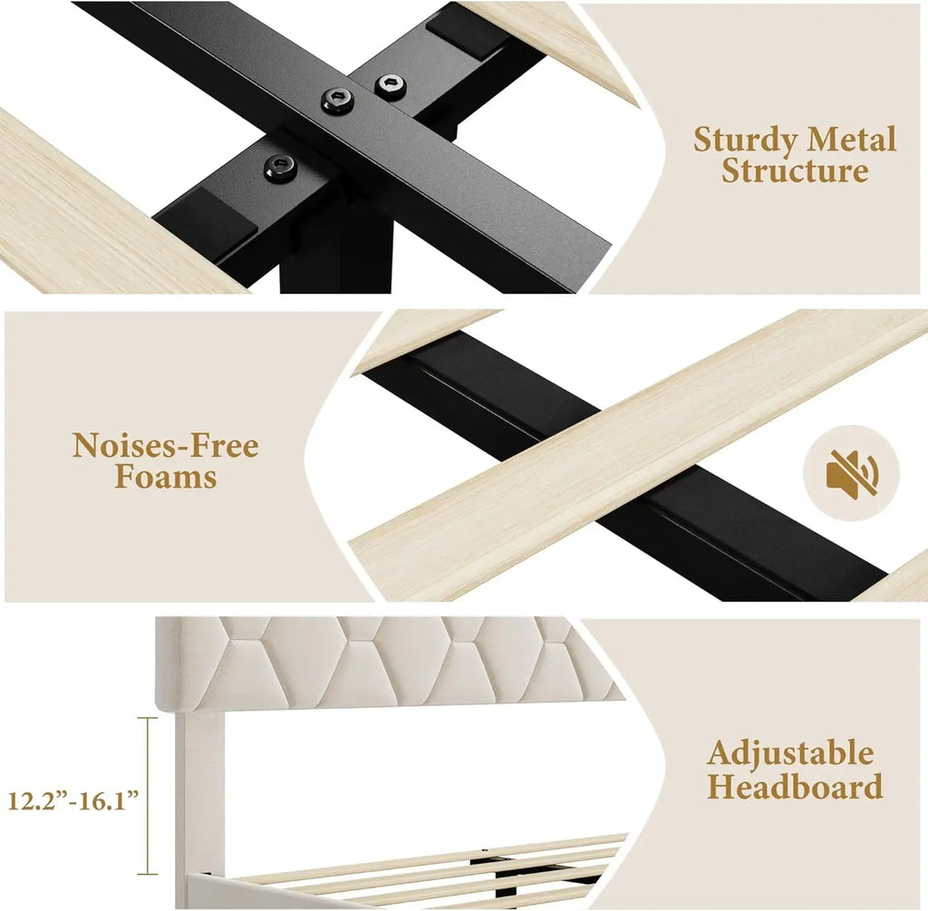 Beige King Bed Frame with Upholstered Headboard, Heavy-Duty Platform Bed Frame with Strong Wood Slats, No Box Spring Needed