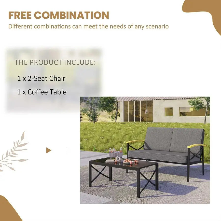 2 Pcs Patio Conversation Set with Coffee Table,Metal Outdoor Patio Furniture Set with Washable Thick Cushions,Loveseat, Patio Se
