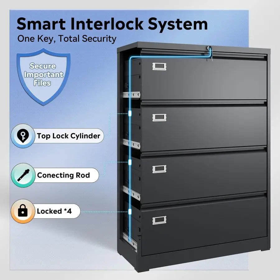 4 Drawer Lateral File Cabinet with Lock, Metal Filing Cabinets for Home Office, 16 D x 35 W x 52 H Wide Storage Organization fo