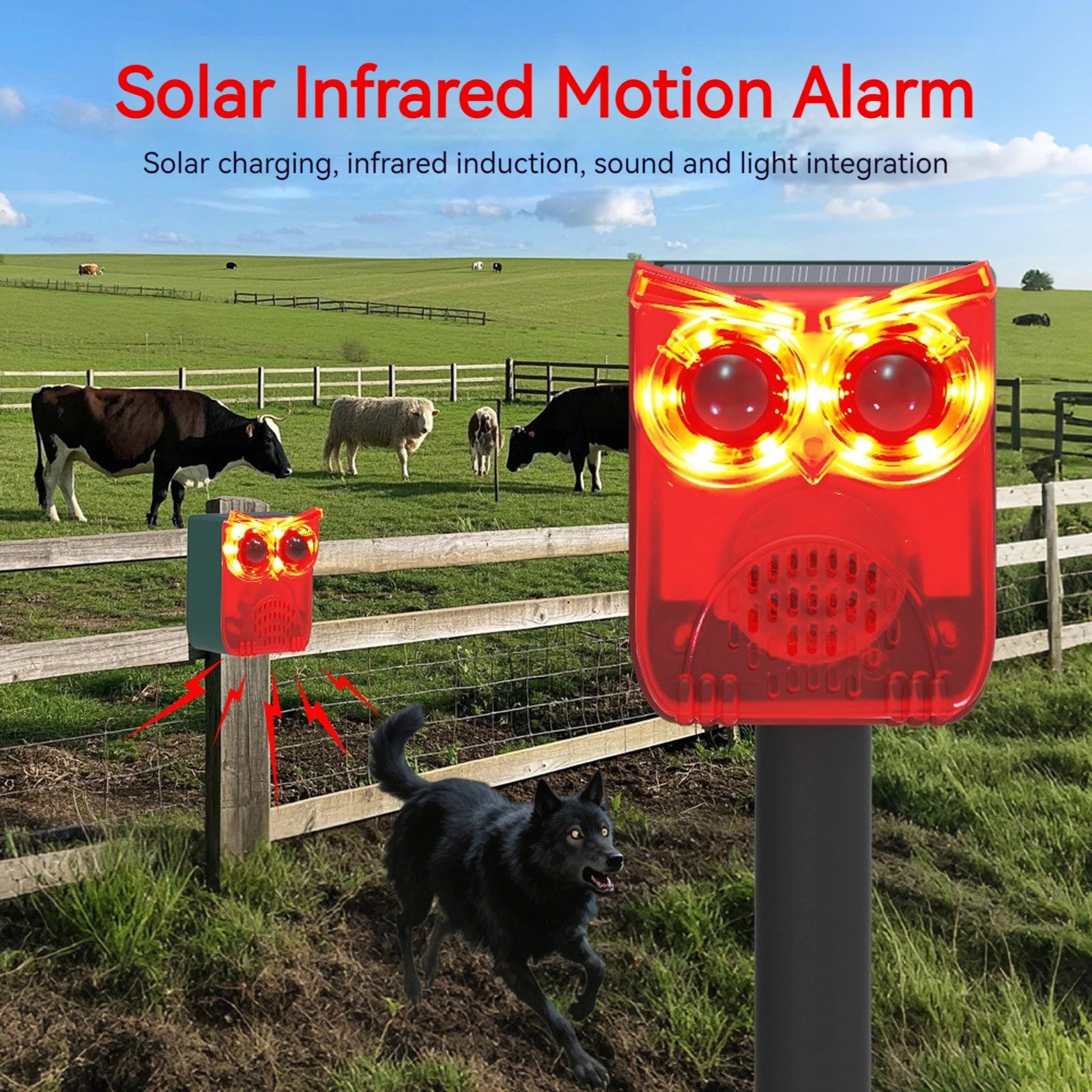Solar Outdoor Motion Sensor Alarm Waterproof Home Security Alarm Dog Barking&Gunshot Sound Loud Noise Maker for Yard Farm Garden