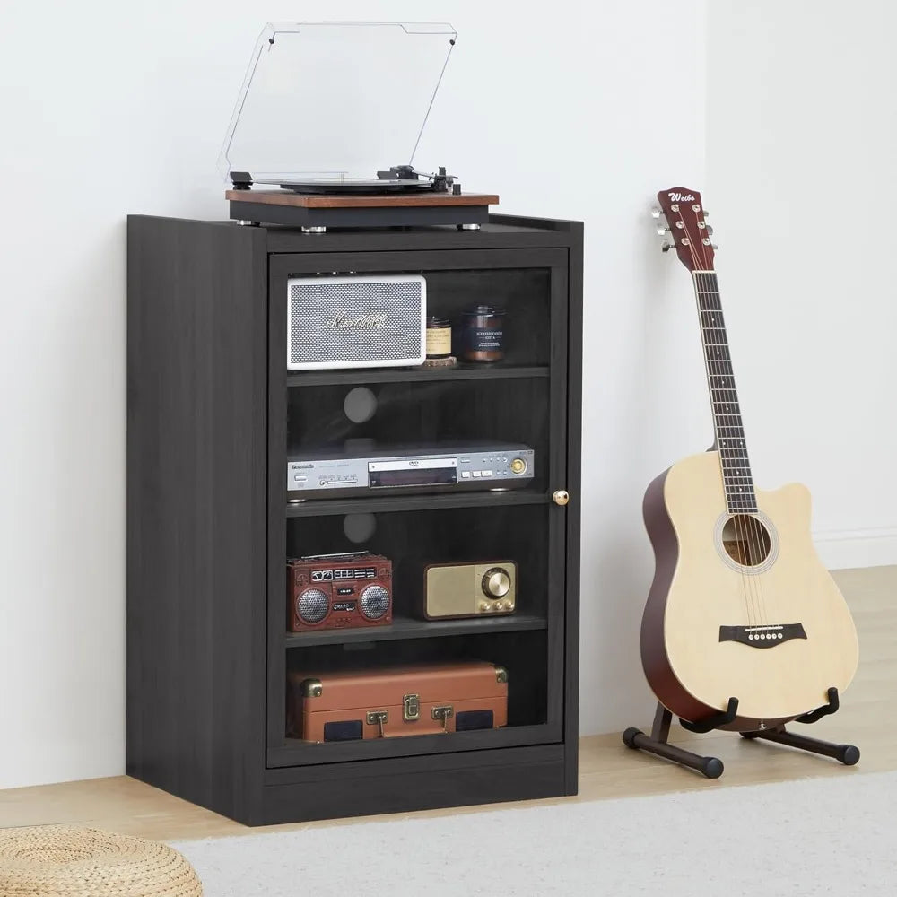 Media Cabinet with Door, Black 5-Tier Stereo Cabinet with Adjustable Shelves, AV Media Storage Shelf with Cable Management, Aud