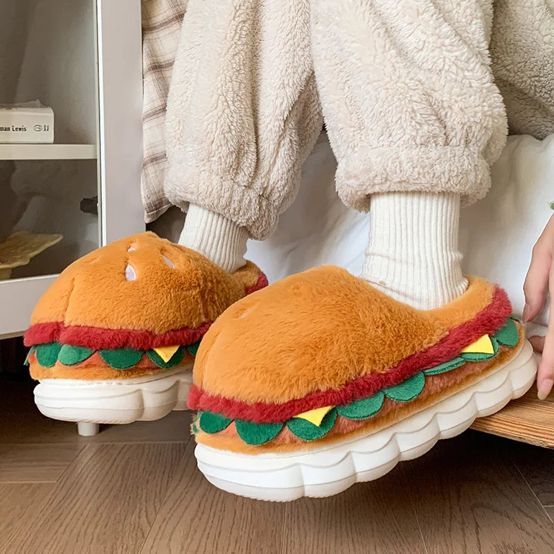 Hamburger cotton slippers for women in winter, new home bag and warm plush couple cotton shoes for women good 2026
