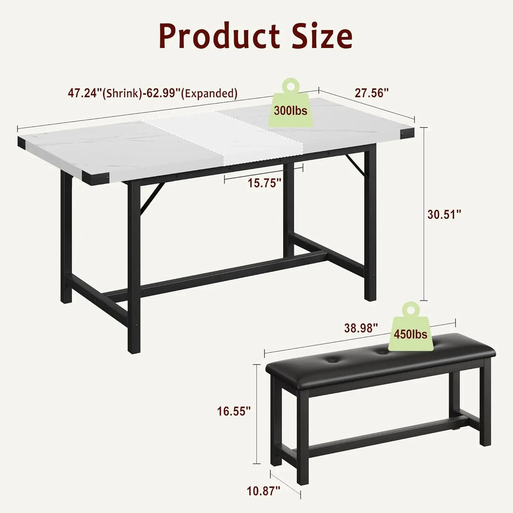 3-Piece Dining Table Set for 4-6 People, Extendable Kitchen Table Set with 2 Upholstered Benches, Dining Room Table, Customized