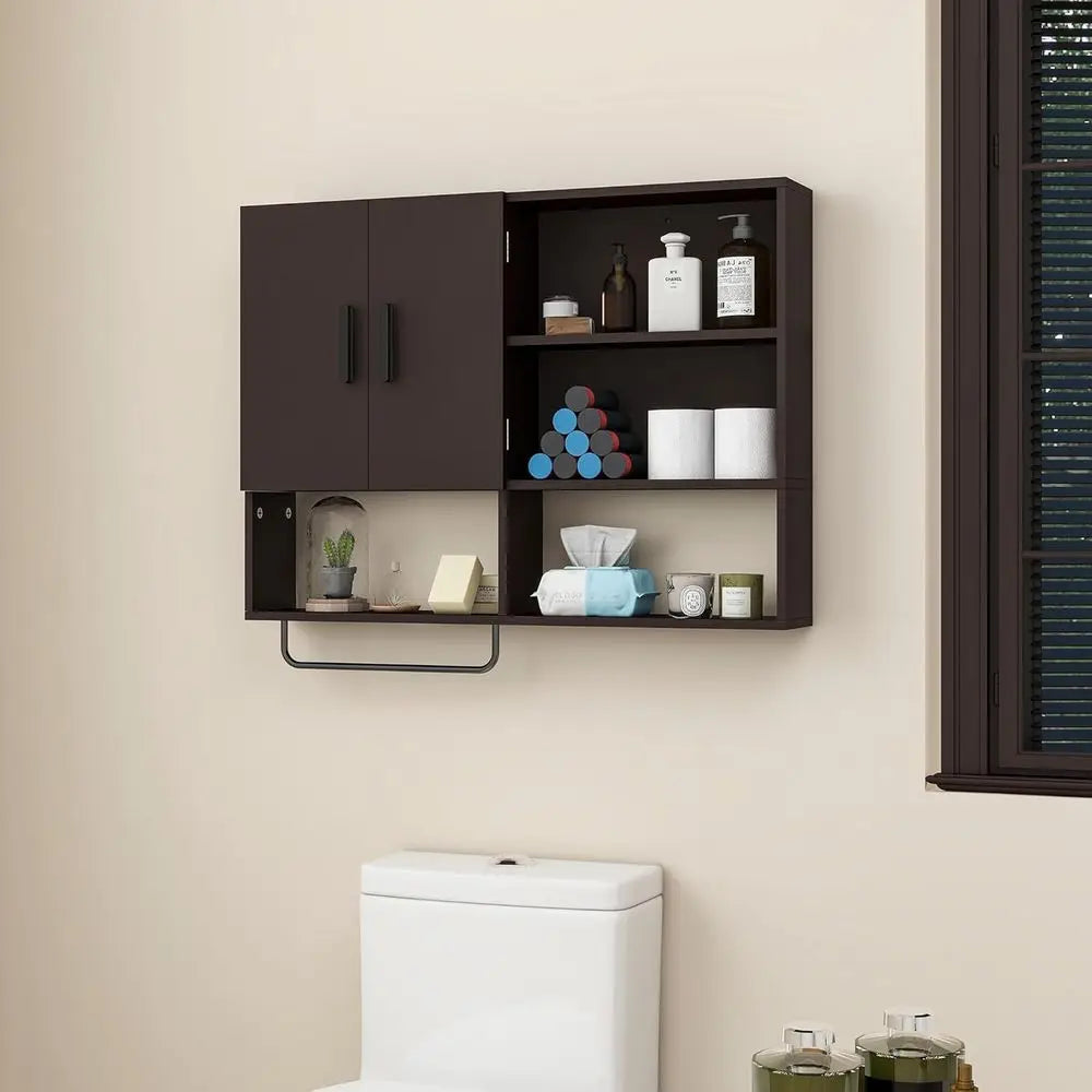 Medicine Cabinet, Wooden Bathroom Wall Cabinet with 2 Doors, Adjustable Shelves & Towel Bar, Over Toilet Storage Cabinet Wall Mo