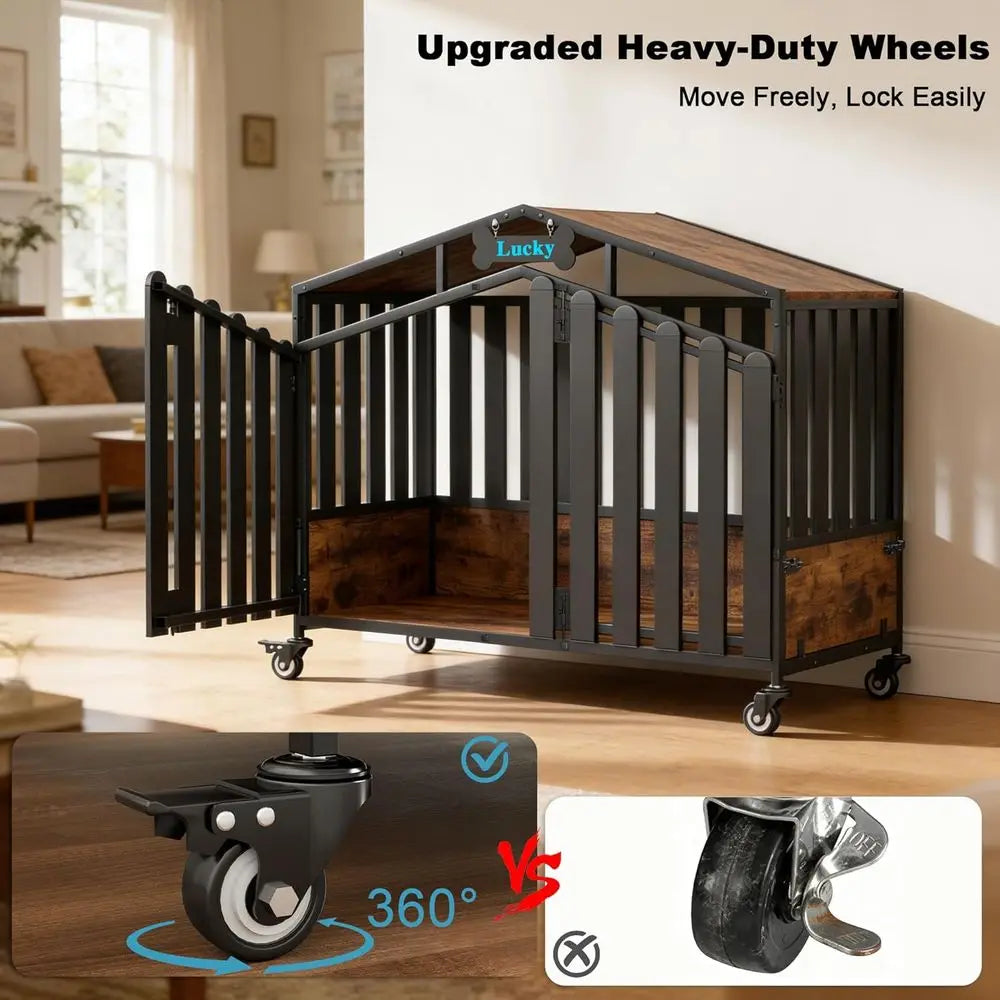 Heavy Duty Dog Crate Furniture, Dog Kennel Indoor with 360° Wheels, Dog Crates for Large Dogs (Over 60lb), Dog House with Feedin