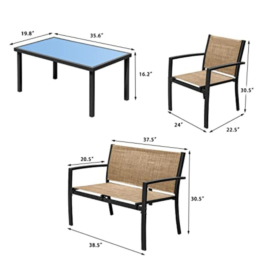4 Pieces Patio Furniture Set Outdoor Garden Patio Conversation Sets Poolside Lawn Chairs with Glass Coffee Table Porch Furnitur