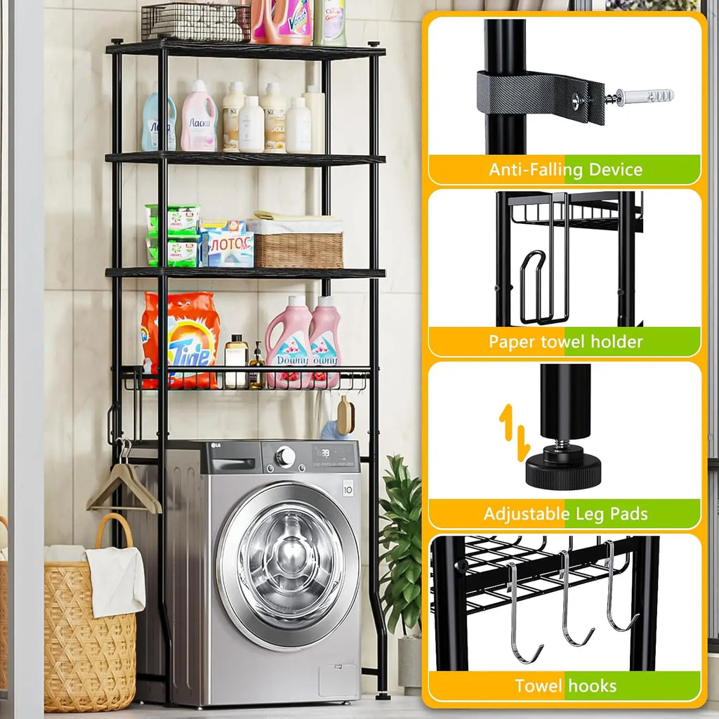 4-Tier Over-The-Toilet Storage Rack with Adjustable Shelf and Basket, Freestanding Space Saver for Bathroom (Black)