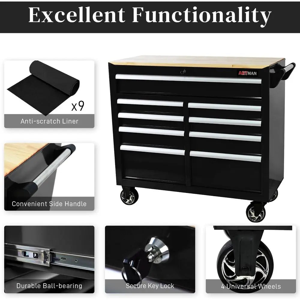 9-Drawer Mobile Tool Chest with Wood Top, Heavy Duty Rolling Workbench for Garage, Workshop, and Repair Shop (Black)