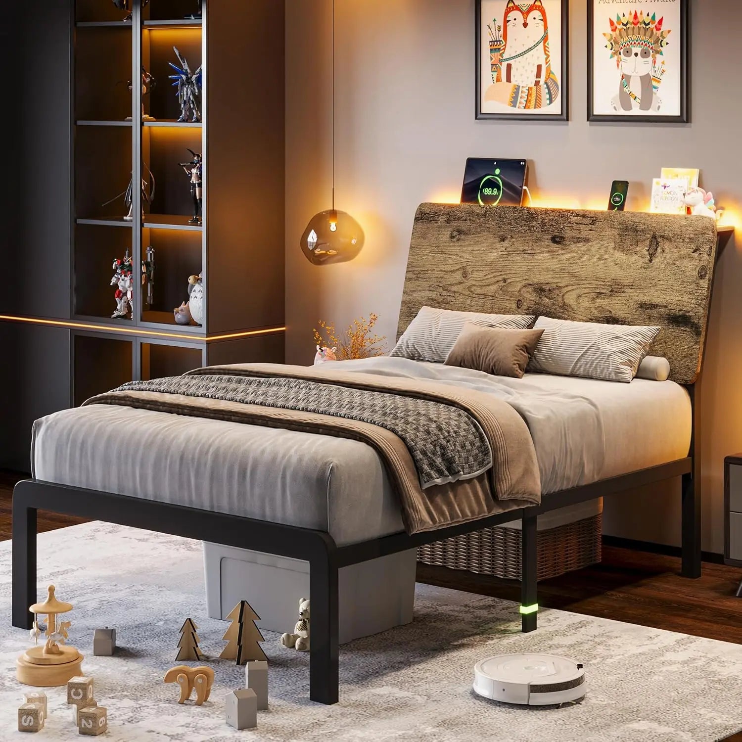Queen Bed Frame with Ergonomic Storage Headboard,LED Bed Frame with Charging Station, 12" UnderBed Storage,Heavy-Duty,Customized