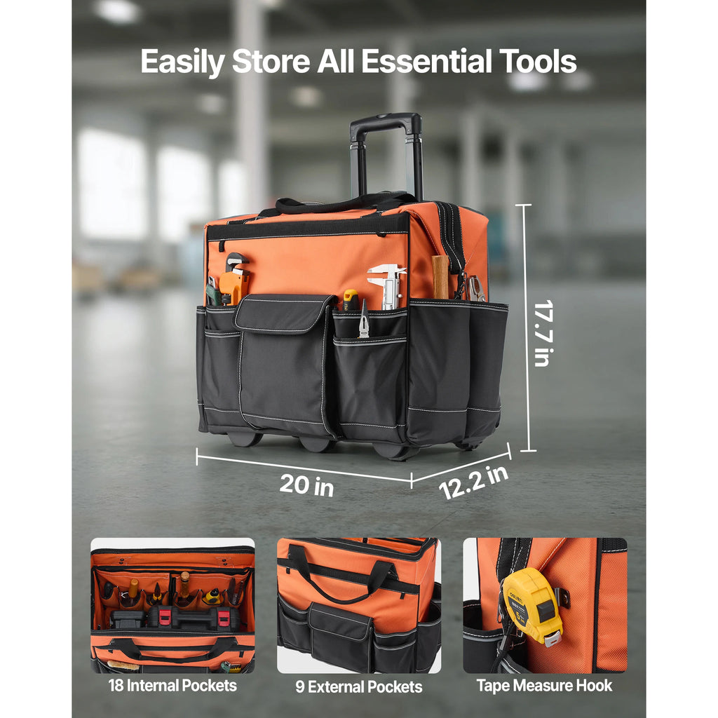 SucceBuy 110 lbs Rolling Tool Bag 27 Pockets Roller Tool Bag on Wheels with Adjustable Telescoping Handle for Construction Tools