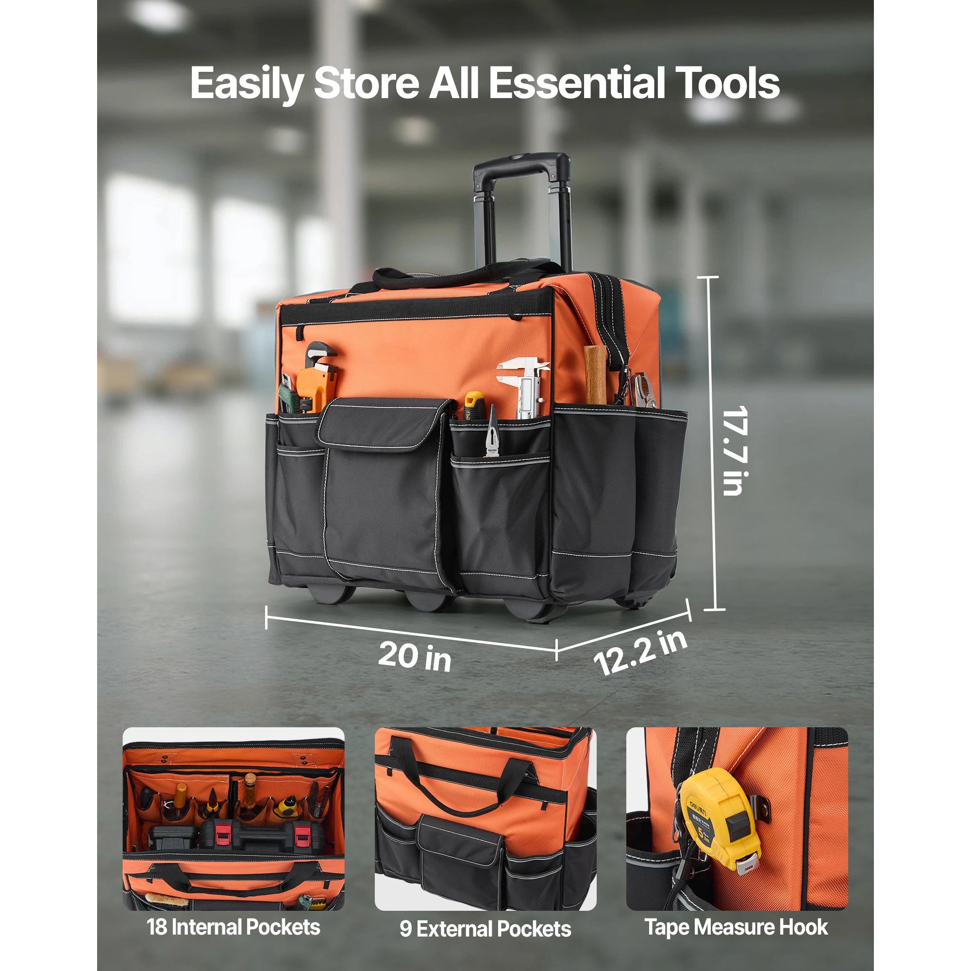 SucceBuy 110 lbs Rolling Tool Bag 27 Pockets Roller Tool Bag on Wheels with Adjustable Telescoping Handle for Construction Tools