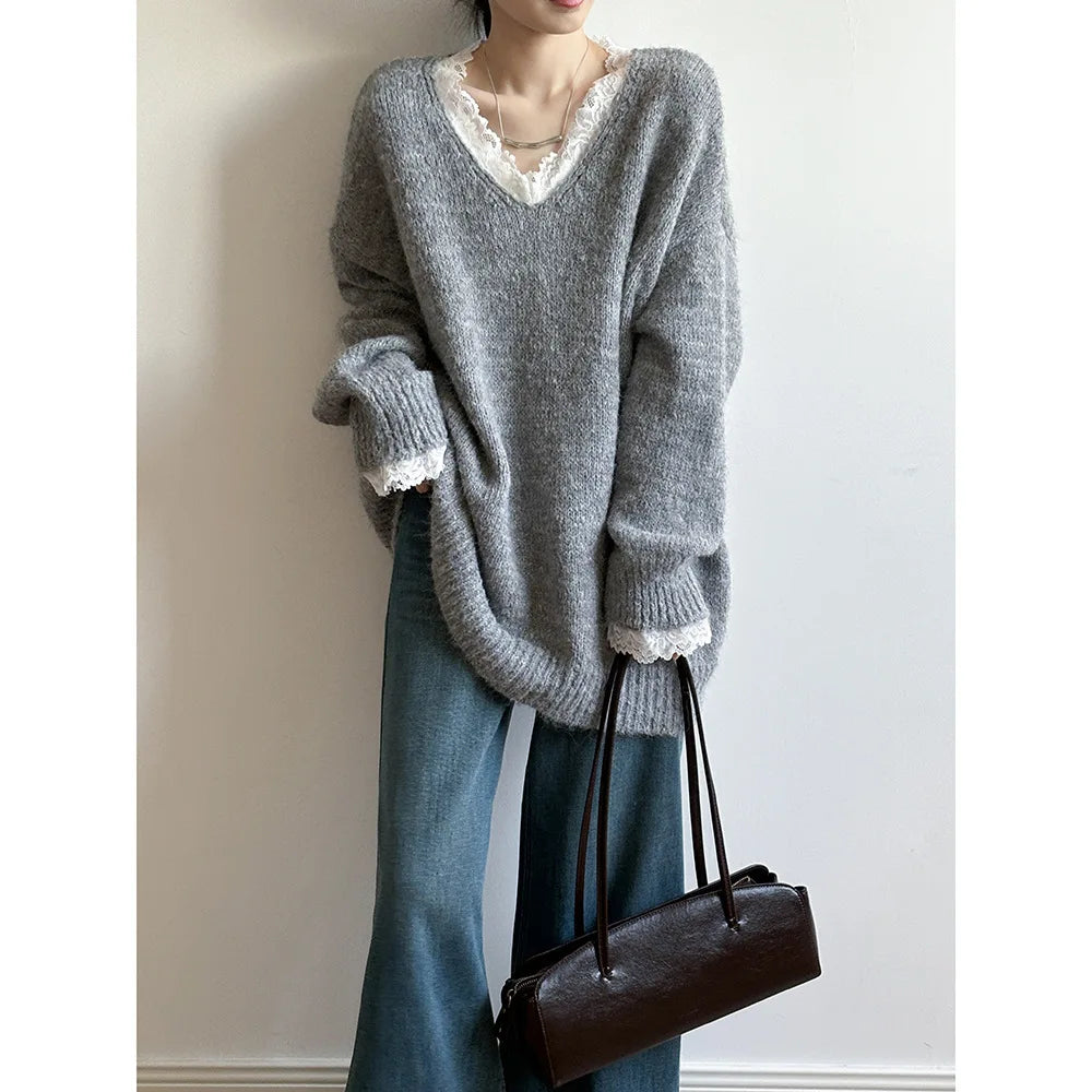 Lace Trim Warm Sweater For Women V Neck Long Sleeve Winter Loose Soft Top