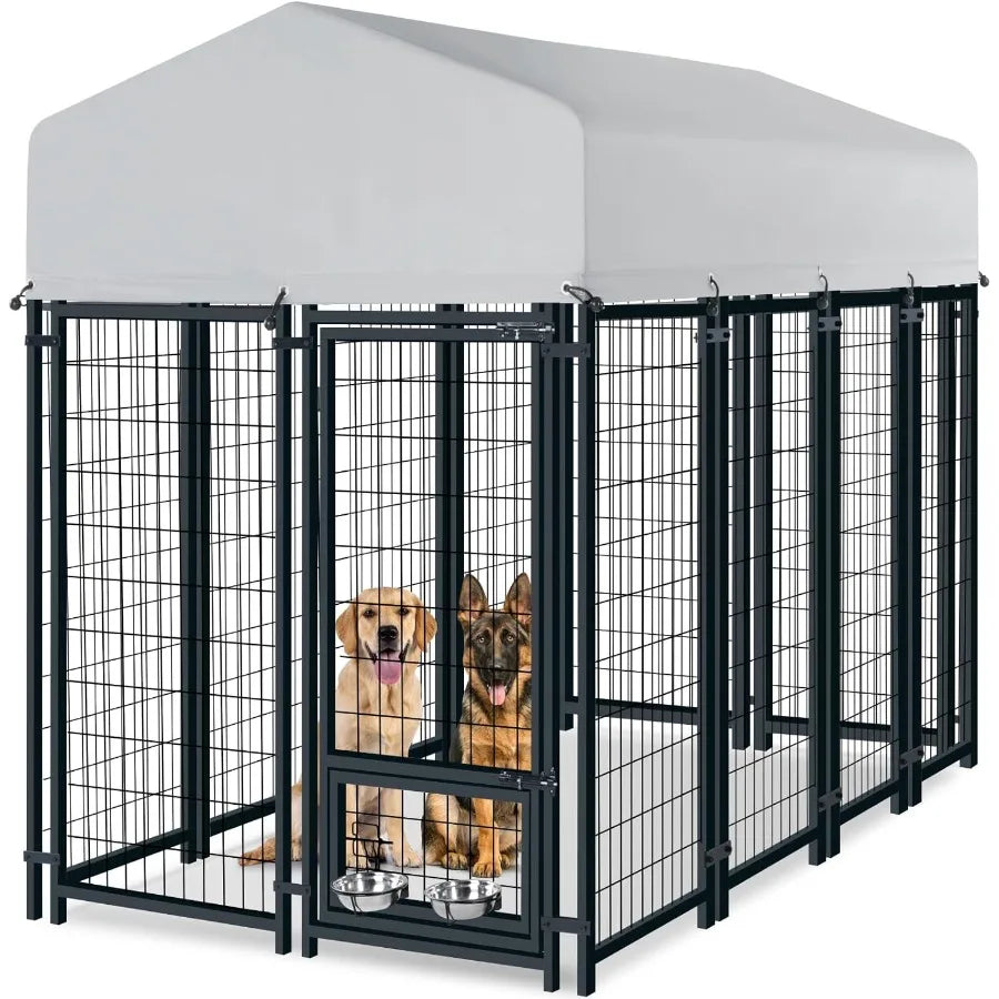 8x4x6FT Outdoor Dog Kennel Heavy Duty Welded Wire Steel Dog Pen with Waterproof Roof Cover and 2 Rotating Dog Bowls in Black fo