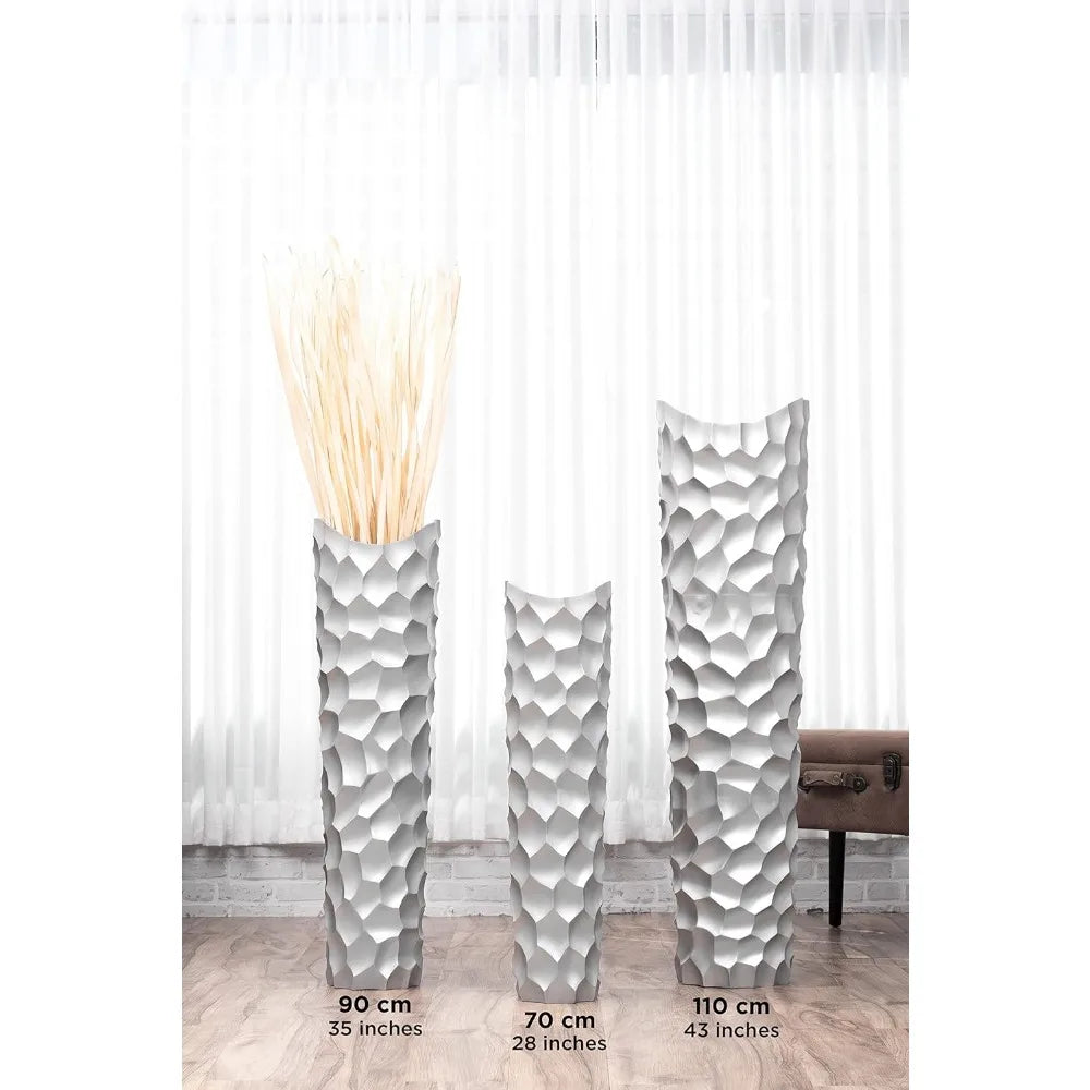 Large Silver Tall Wooden Floor Vase - 26 Inch Farmhouse Style Decorative Holder for Artificial Flowers and Pampas Grass