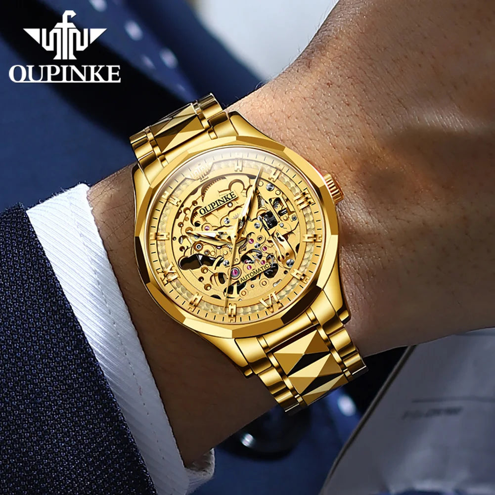 OUPINKE 3209 Men Automatic Watches Top Brand Hollow Skeleton Mechanical Watch For Men Luxury Waterproof Luminous Male Hand Clock