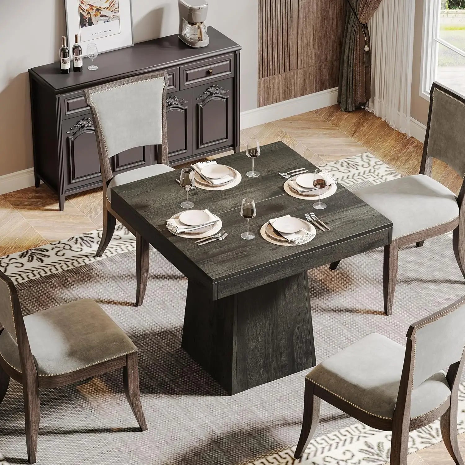 Square Dining Table for 4, Small Kitchen Table with Sturdy Pedestal Base, Farmhouse Dinner Table for Dining Room, Living Room