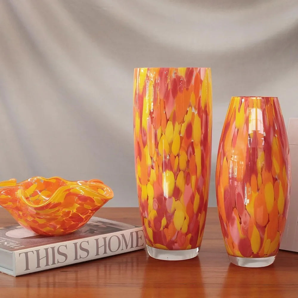 Ca D Oro Glass Vase Orange/Yellow Confetti Hand Blown Murano-Style Art Glass for Flower and Decor - Model Oliva G