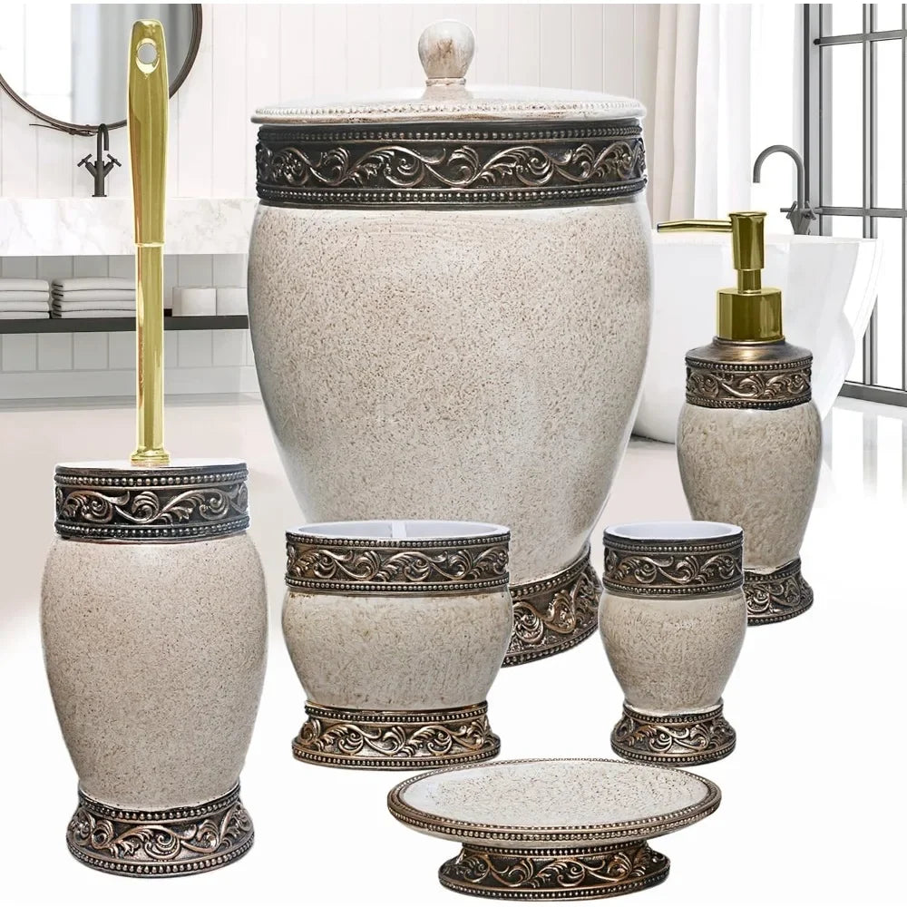 6 Pieces Bathroom Accessories Set Including Trash Can, Cup, Toothbrush Holders, Soap Dishes, Soap Dispenser and Toilet Brush,