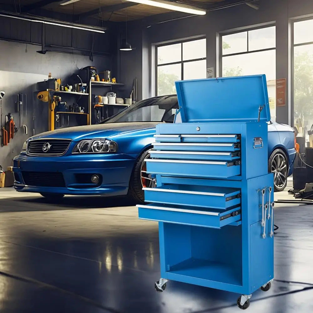 Heavy-Duty Blue 8-Drawer Rolling Tool Chest with Detachable Top Box, Lockable Drawers, Wheels, and Side Hooks for Garage Worksho