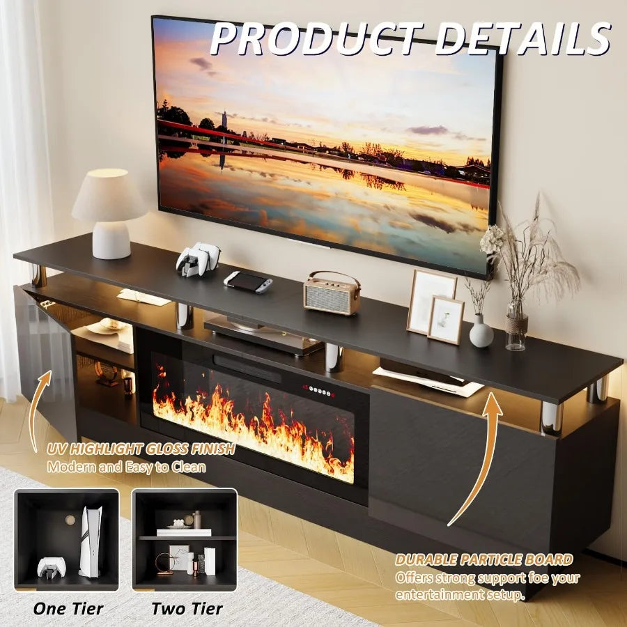 80 Inches Fireplace TV Stand for TVs up to 90 Inches with 36'' Electric Fireplace Remote Modern Entertainment Center in Black w