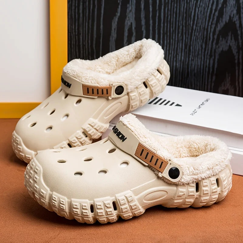 Unisex lined hole shoes, winter removable thick sole slippers with warm lining for outdoor use, thick and warm cold-proof