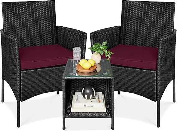 3-Piece Outdoor Wicker Conversation Bistro Set, Space Saving Patio Furniture for Garden w/Side Table - Gray/Navy