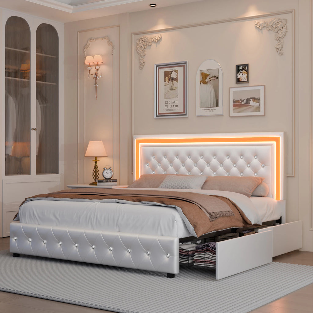 GEGOFORU Queen LED Platform Bed Frame with 4 Storage, PU Leather, No Box Spring, Easy Assembly, 900lbs Capacity