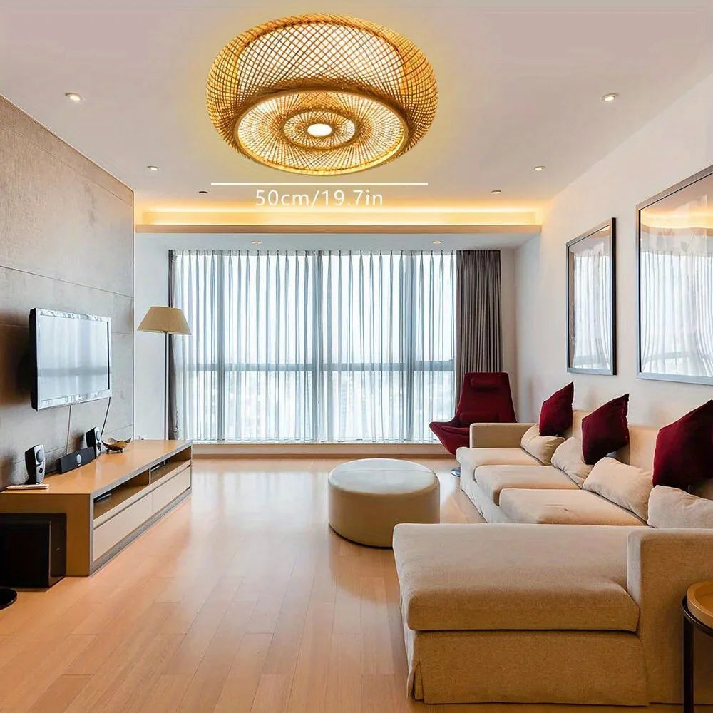 Hand-Woven Bamboo Ceiling Light 3-Light Drum Shade Natural Rattan Pendant for Living Room Bedroom Study Zen Decor