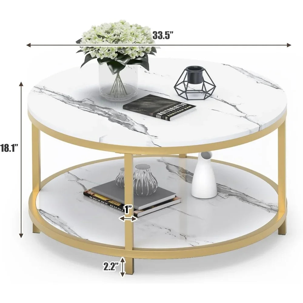 33.5"Round Coffee Table  Coffee Tables Room High Glossy Faux Marble Top Circle Table Sturdy Gold Frame Legs Cocktail Table