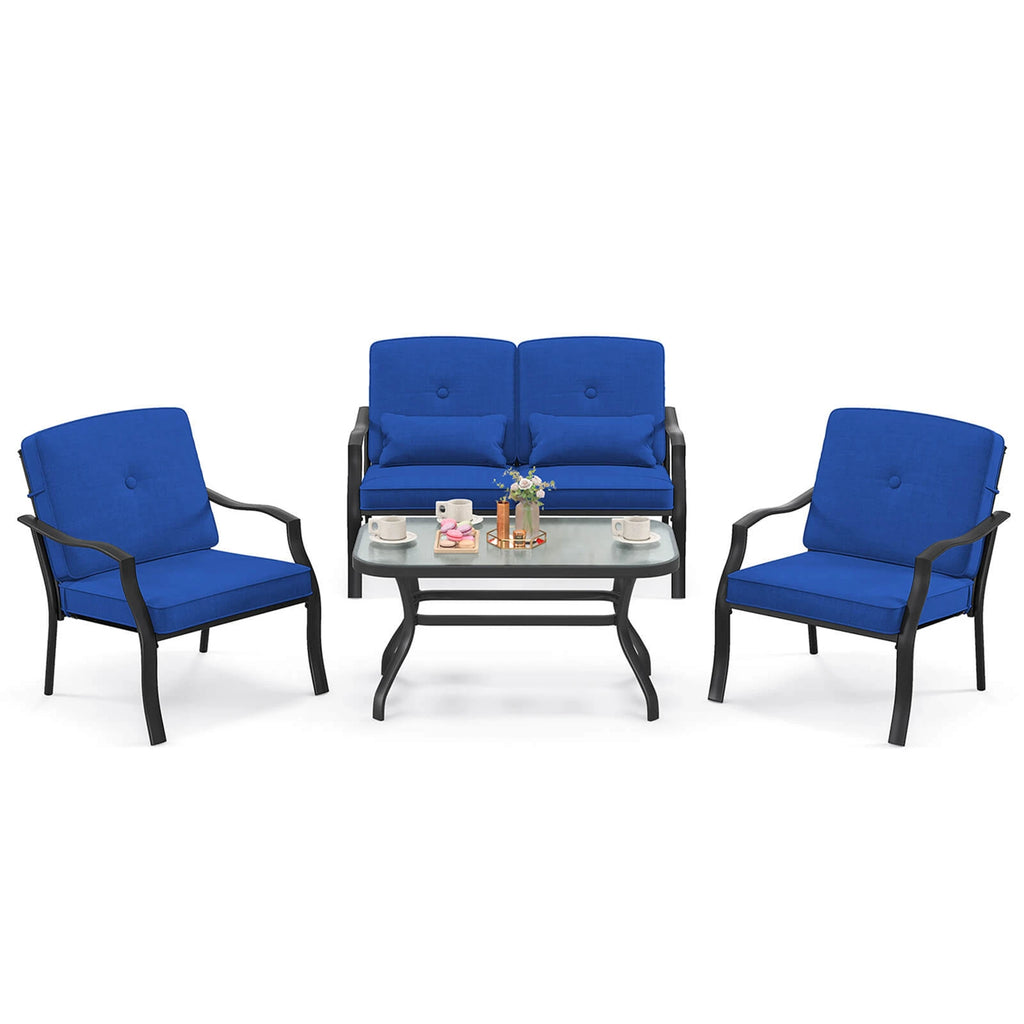 2 PCS Patio Furniture Set Outdoor Loveseat Chair Coffee Table Cushioned Seat Navy