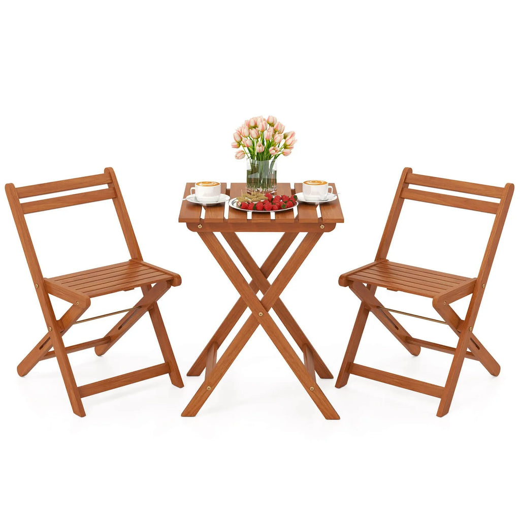 3 PCS Outdoor Wood Bistro Set w/ 2 Folding Chairs & Dining Table for Backyard